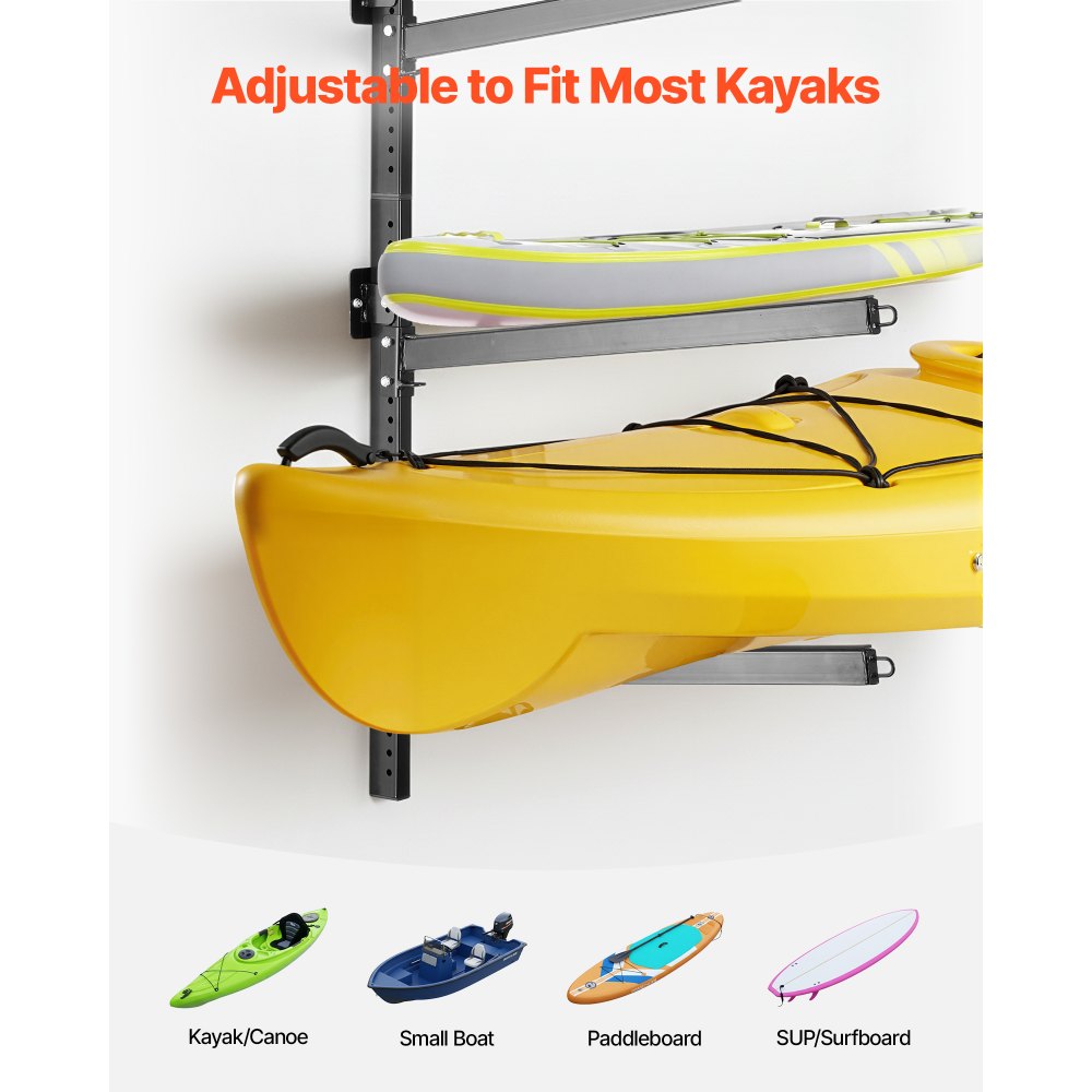 VEVOR Kayak Storage Rack for 4 Kayaks, Holds 300 lbs, Heavy Duty Adjustable Wall Mount Stand for Indoor Outdoor Garage Shed Dock, Storage Holder for Canoe, Small Boat, SUP, Surfboard & Paddleboard