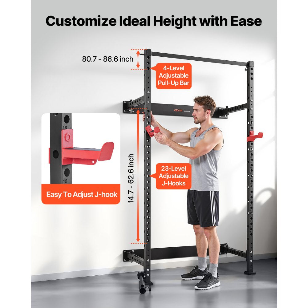 VEVOR Folding Power Cage, Wall-Mounted Power Rack Squat Rack, Multifunctional Strength Training Workout Equipment with Landmine Holder, Adjustable J-Hooks & Pull-Up Bar for Home Gym, 1000LBS Capacity