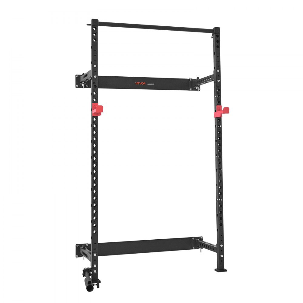 VEVOR Folding Power Cage, Wall-Mounted Power Rack Squat Rack, Multifunctional Strength Training Workout Equipment with Landmine Holder, Adjustable J-Hooks & Pull-Up Bar for Home Gym, 1000LBS Capacity