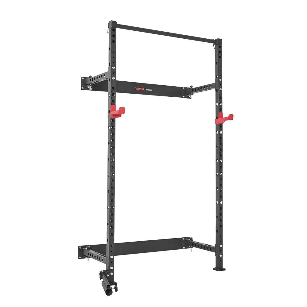 VEVOR Folding Power Cage, Wall-Mounted Power Rack Squat Rack, Multifunctional Strength Training Workout Equipment with Landmine Holder, Adjustable J-Hooks & Pull-Up Bar for Home Gym, 1000LBS Capacity