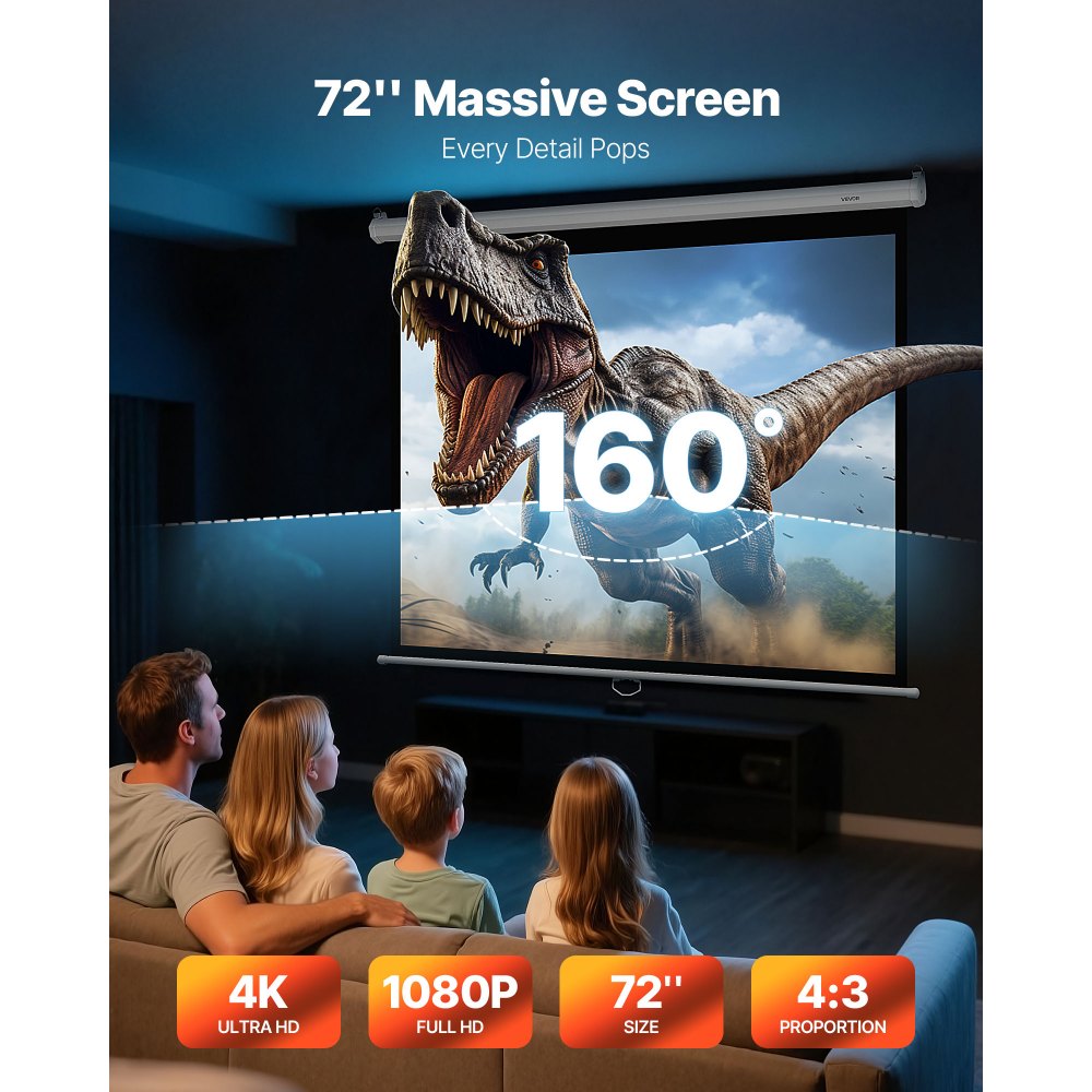 VEVOR Manual Projector Screen, 72 inch 4:3 4K 1080 HD Retractable Pull Down Projector Screen, Wall Mounted Movie Projection with Pull Rope, Portable Display Projectoin for Family Home Office Theater