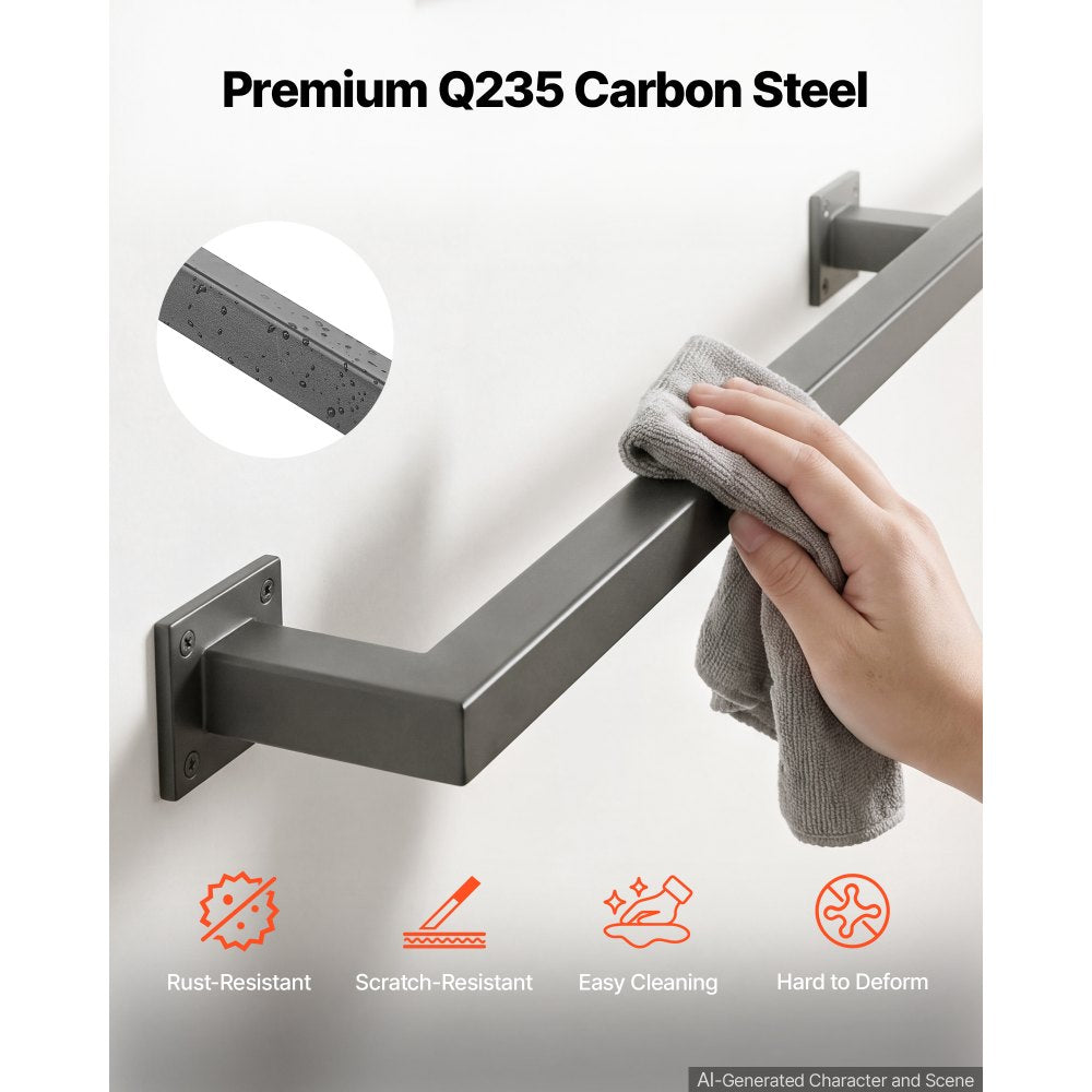 VEVOR Wall-Mounted Stair Handrail, 12 ft 440 lbs Load Black Metal Railing, for Indoor Steps, Loft, Porch & Hallways, Heavy-Duty Industrial Carbon Steel Hand Rail, Square Tube, with Mounting Hardware