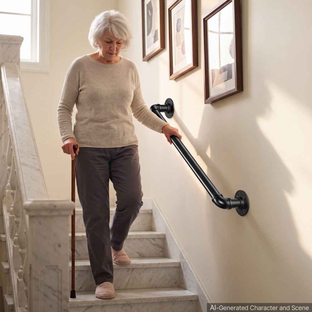 VEVOR Wall-Mounted Stair Handrail, 2 ft 440 lbs Load Black Metal Railing, for Indoor Steps, Loft, Porch & Hallways, Heavy-Duty Industrial Carbon Steel Hand Rail, Round Tube, with Mounting Hardware