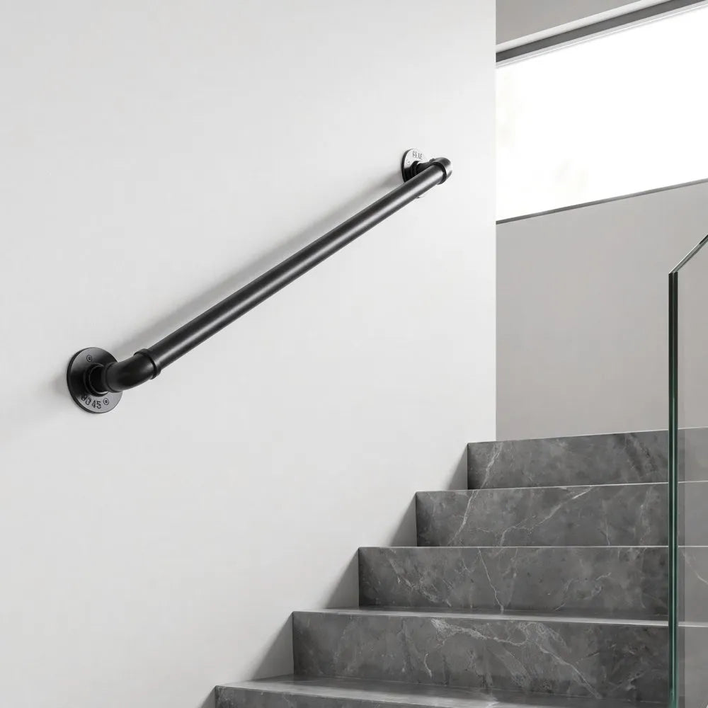 VEVOR Wall-Mounted Stair Handrail, 2 ft 440 lbs Load Black Metal Railing, for Indoor Steps, Loft, Porch & Hallways, Heavy-Duty Industrial Carbon Steel Hand Rail, Round Tube, with Mounting Hardware