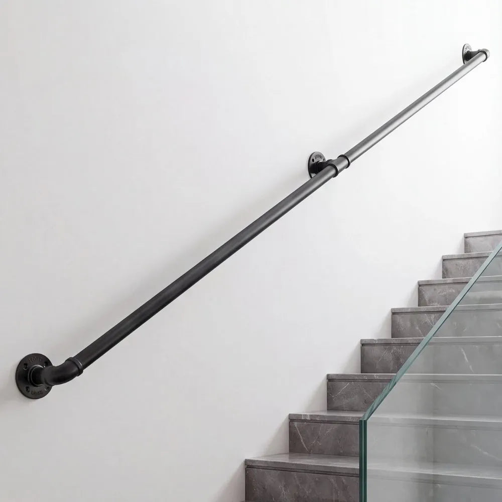 VEVOR Wall-Mounted Stair Handrail, 5 ft 440 lbs Load Black Metal Railing, for Indoor Steps, Loft, Porch & Hallways, Heavy-Duty Industrial Carbon Steel Hand Rail, Round Tube, with Mounting Hardware