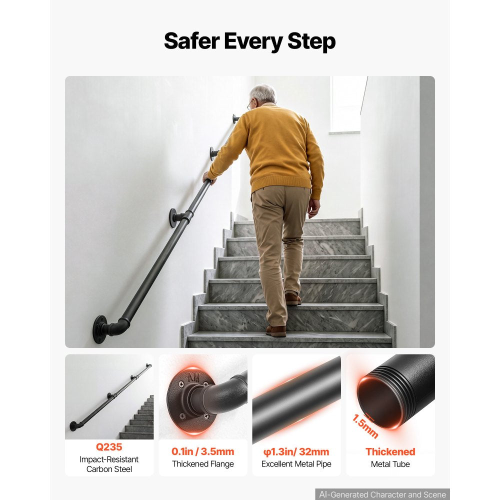 VEVOR Wall-Mounted Stair Handrail, 11 ft 440 lbs Load Black Metal Railing, for Indoor Steps, Loft, Porch & Hallways, Heavy-Duty Industrial Carbon Steel Hand Rail, Round Tube, with Mounting Hardware