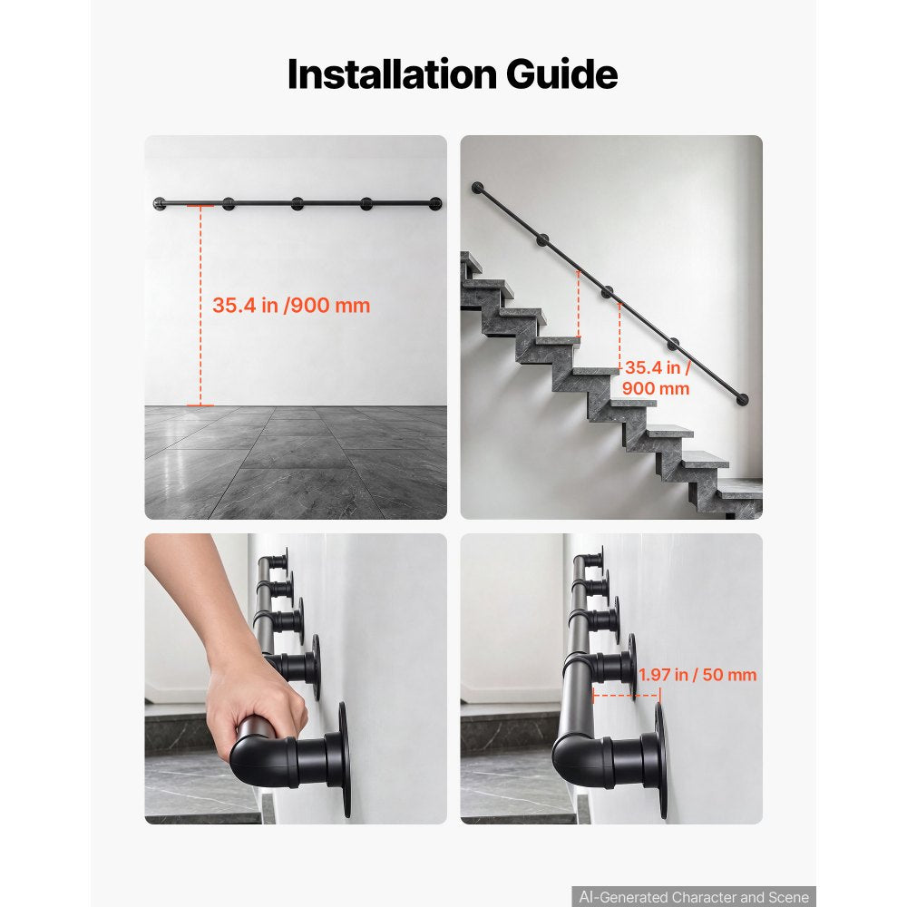 VEVOR Wall-Mounted Stair Handrail, 13 ft 440 lbs Load Black Metal Railing, for Indoor Steps, Loft, Porch & Hallways, Heavy-Duty Industrial Carbon Steel Hand Rail, Round Tube, with Mounting Hardware