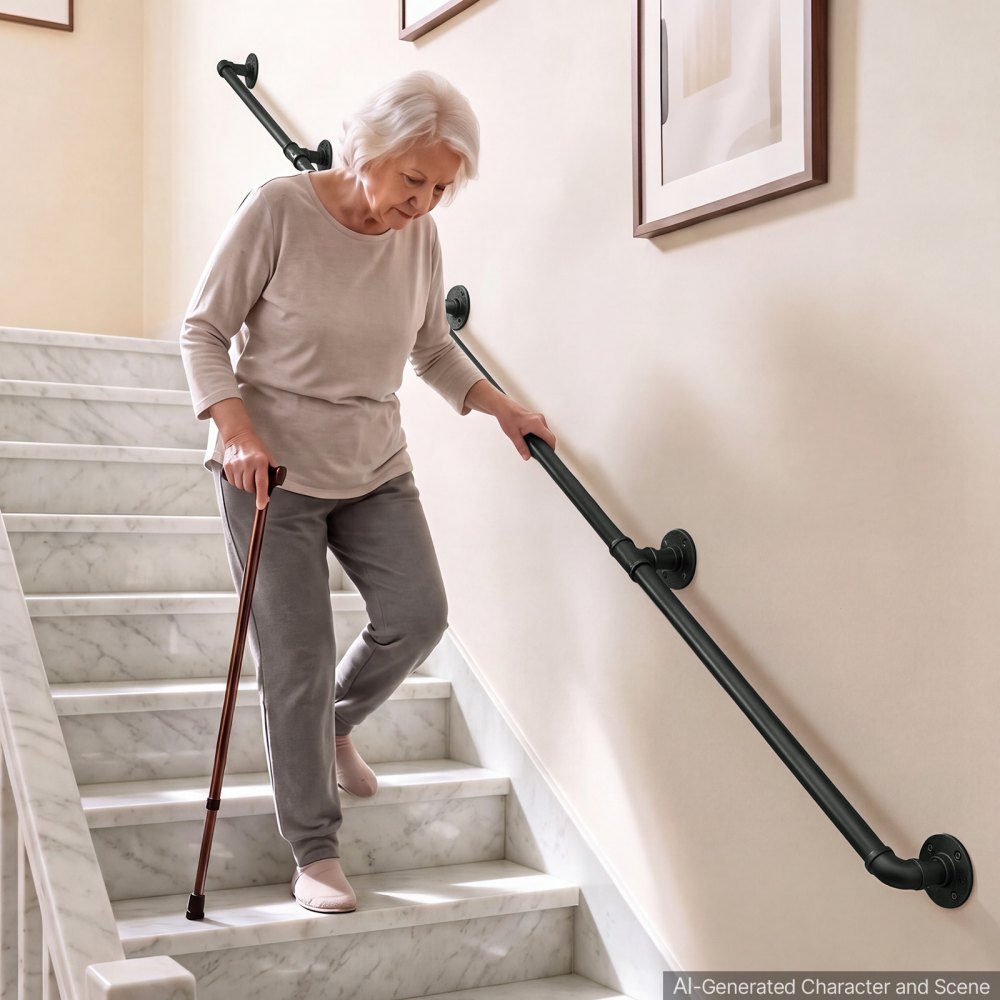 VEVOR Wall-Mounted Stair Handrail, 13 ft 440 lbs Load Black Metal Railing, for Indoor Steps, Loft, Porch & Hallways, Heavy-Duty Industrial Carbon Steel Hand Rail, Round Tube, with Mounting Hardware