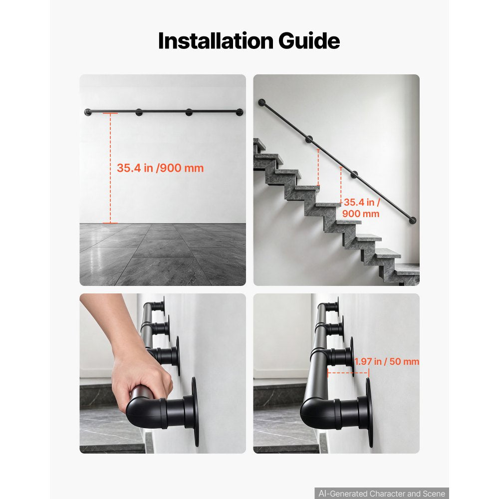 VEVOR Wall-Mounted Stair Handrail, 10 ft 440 lbs Load Black Metal Railing, for Indoor Steps, Loft, Porch & Hallways, Heavy-Duty Industrial Carbon Steel Hand Rail, Round Tube, with Mounting Hardware