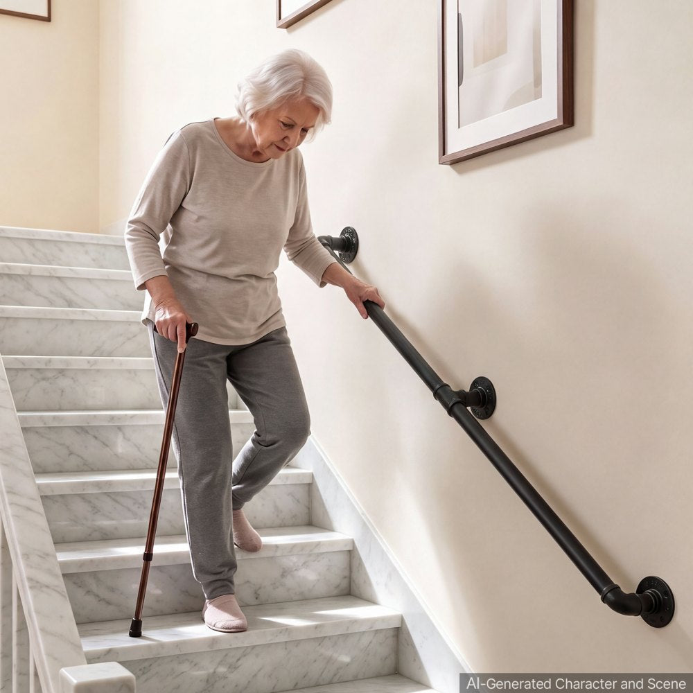 VEVOR Wall-Mounted Stair Handrail, 4 ft 440 lbs Load Black Metal Railing, for Indoor Steps, Loft, Porch & Hallways, Heavy-Duty Industrial Carbon Steel Hand Rail, Round Tube, with Mounting Hardware
