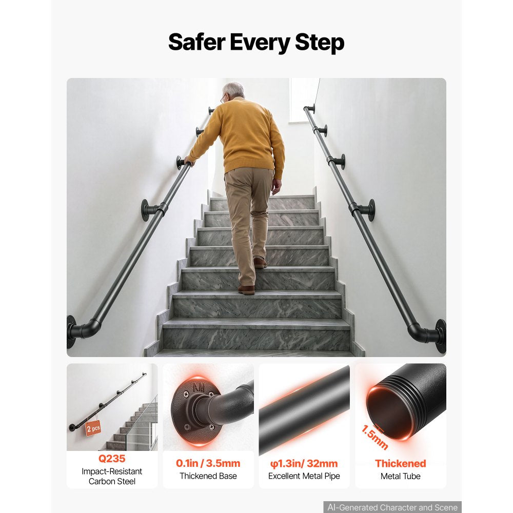 VEVOR Wall-Mounted Stair Handrail, 13 ft 440 lbs Black Metal Railing 2 PCS, for Indoor Steps, Loft, Porch & Hallways, Heavy-Duty Industrial Carbon Steel Hand Rail, Round Tube, with Mounting Hardware