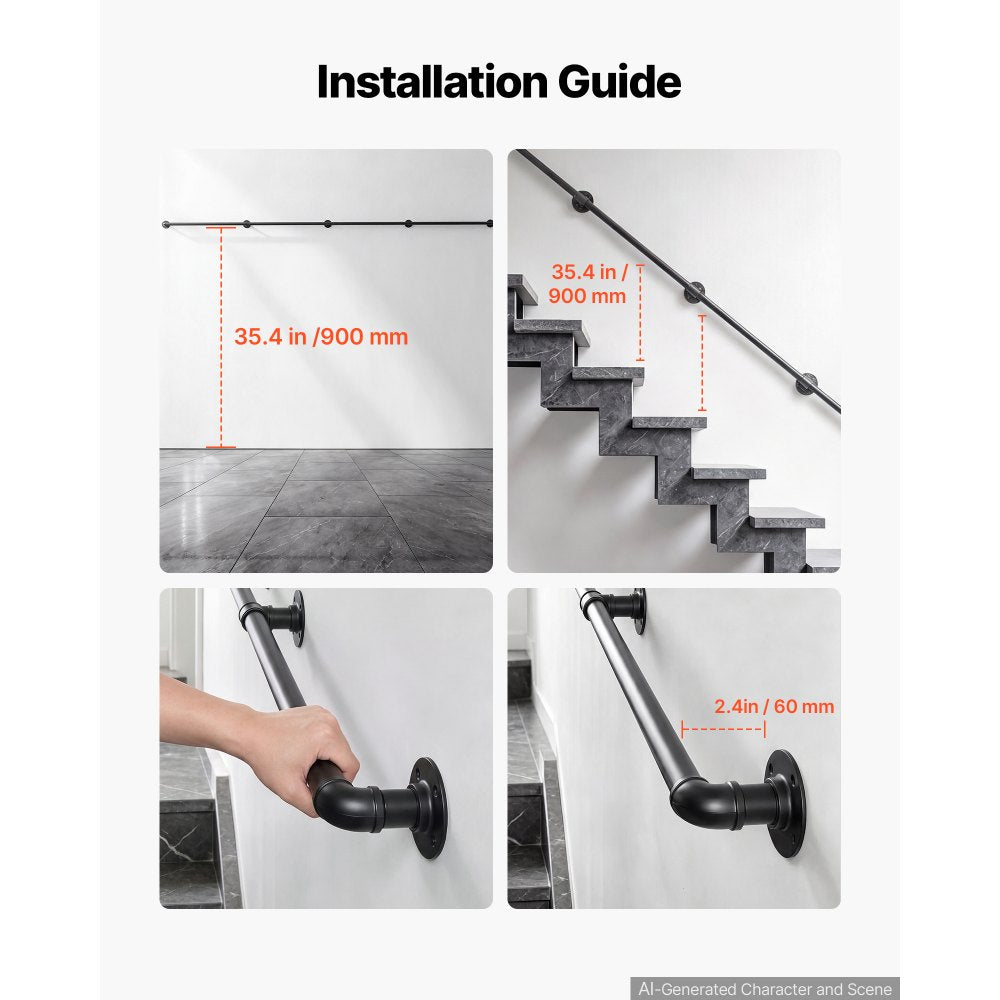 VEVOR Wall-Mounted Stair Handrail, 13 ft 440 lbs Black Metal Railing 2 PCS, for Indoor Steps, Loft, Porch & Hallways, Heavy-Duty Industrial Carbon Steel Hand Rail, Round Tube, with Mounting Hardware