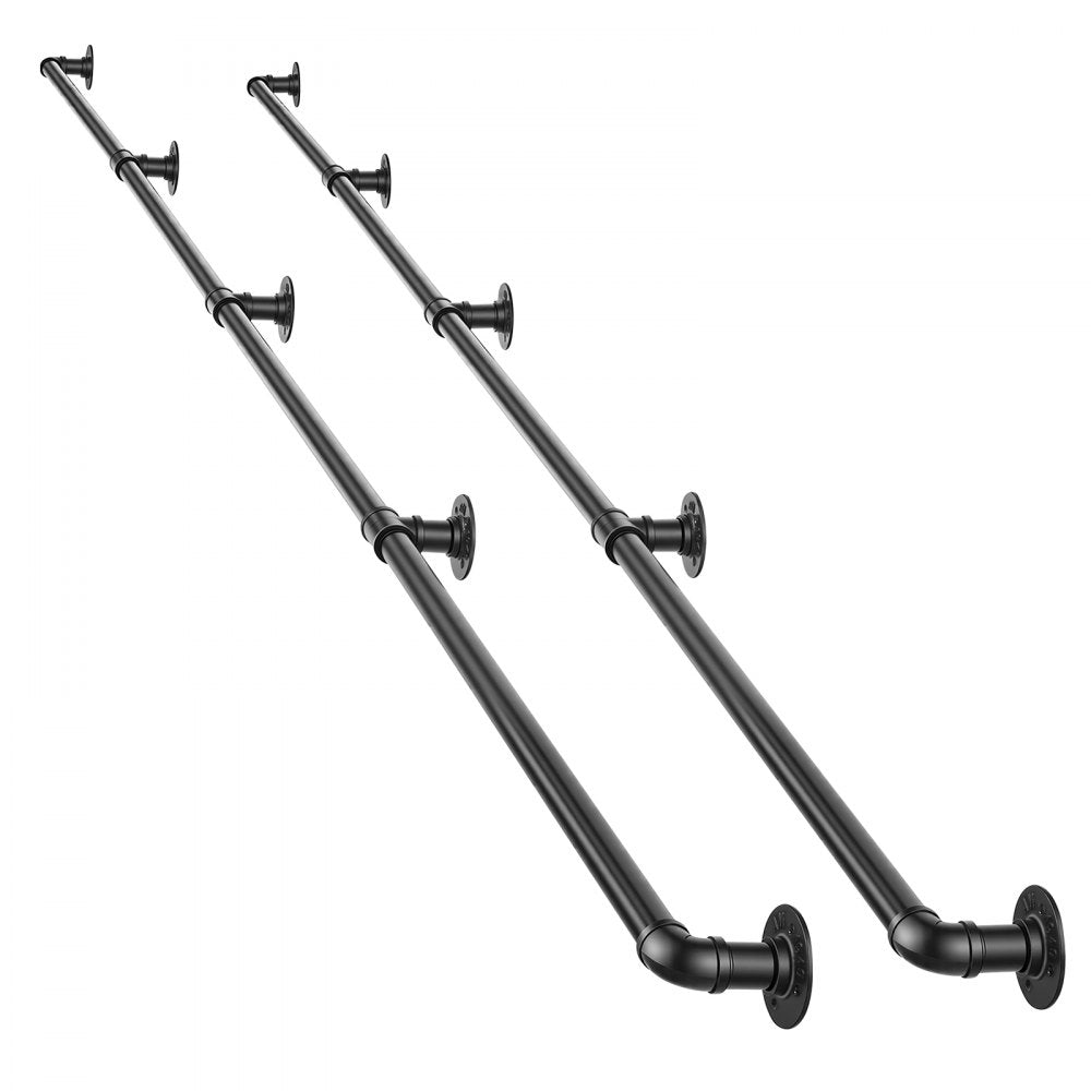 VEVOR Wall-Mounted Stair Handrail, 13 ft 440 lbs Black Metal Railing 2 PCS, for Indoor Steps, Loft, Porch & Hallways, Heavy-Duty Industrial Carbon Steel Hand Rail, Round Tube, with Mounting Hardware