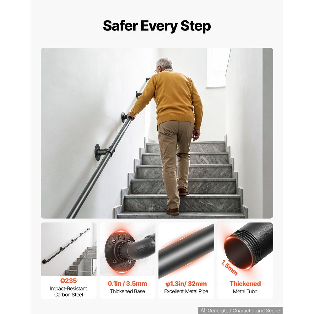 VEVOR Wall-Mounted Stair Handrail, 12 ft 440 lbs Load Black Metal Railing, for Indoor Steps, Loft, Porch & Hallways, Heavy-Duty Industrial Carbon Steel Hand Rail, Round Tube, with Mounting Hardware