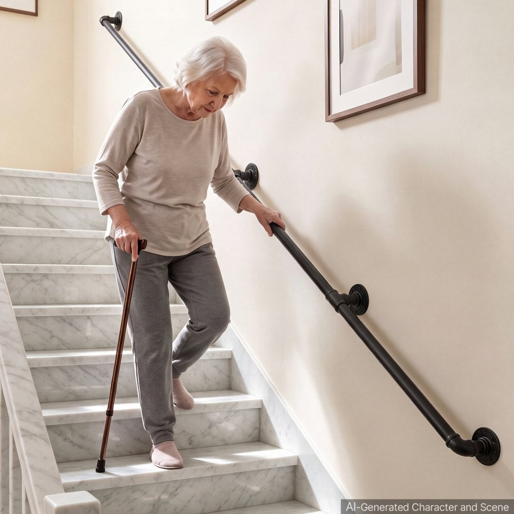 VEVOR Wall-Mounted Stair Handrail, 12 ft 440 lbs Load Black Metal Railing, for Indoor Steps, Loft, Porch & Hallways, Heavy-Duty Industrial Carbon Steel Hand Rail, Round Tube, with Mounting Hardware