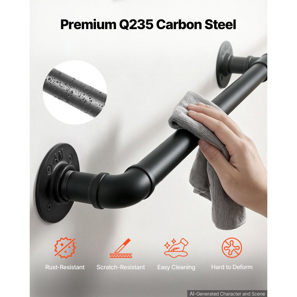 VEVOR Wall-Mounted Stair Handrail, 6 ft 440 lbs Load Black Metal Railing, for Indoor Steps, Loft, Porch & Hallways, Heavy-Duty Industrial Carbon Steel Hand Rail, Round Tube, with Mounting Hardware