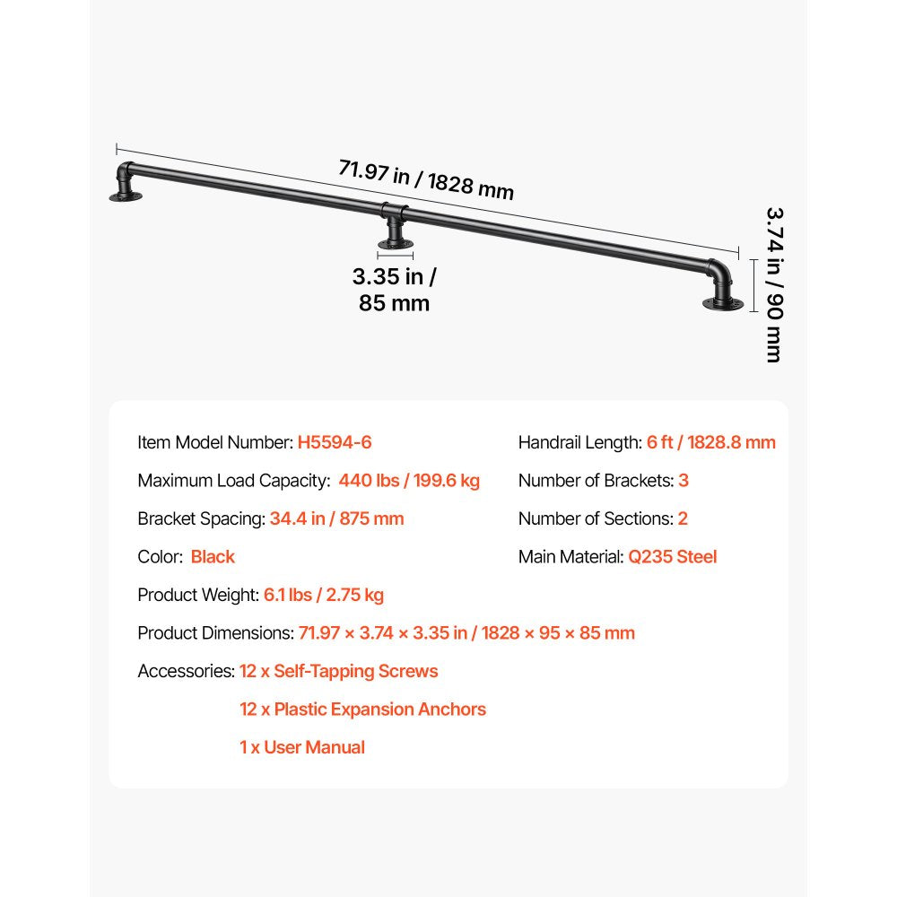 VEVOR Wall-Mounted Stair Handrail, 6 ft 440 lbs Load Black Metal Railing, for Indoor Steps, Loft, Porch & Hallways, Heavy-Duty Industrial Carbon Steel Hand Rail, Round Tube, with Mounting Hardware