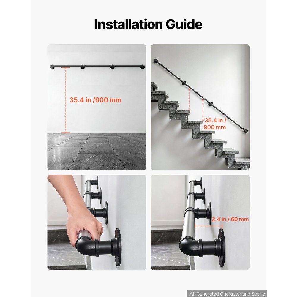 VEVOR Wall-Mounted Stair Handrail, 9 ft 440 lbs Load Black Metal Railing, for Indoor Steps, Loft, Porch & Hallways, Heavy-Duty Industrial Carbon Steel Hand Rail, Round Tube, with Mounting Hardware
