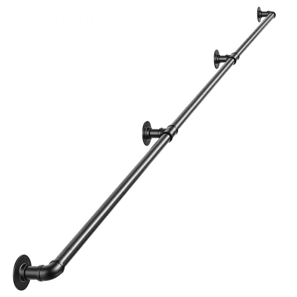 VEVOR Wall-Mounted Stair Handrail, 9 ft 440 lbs Load Black Metal Railing, for Indoor Steps, Loft, Porch & Hallways, Heavy-Duty Industrial Carbon Steel Hand Rail, Round Tube, with Mounting Hardware