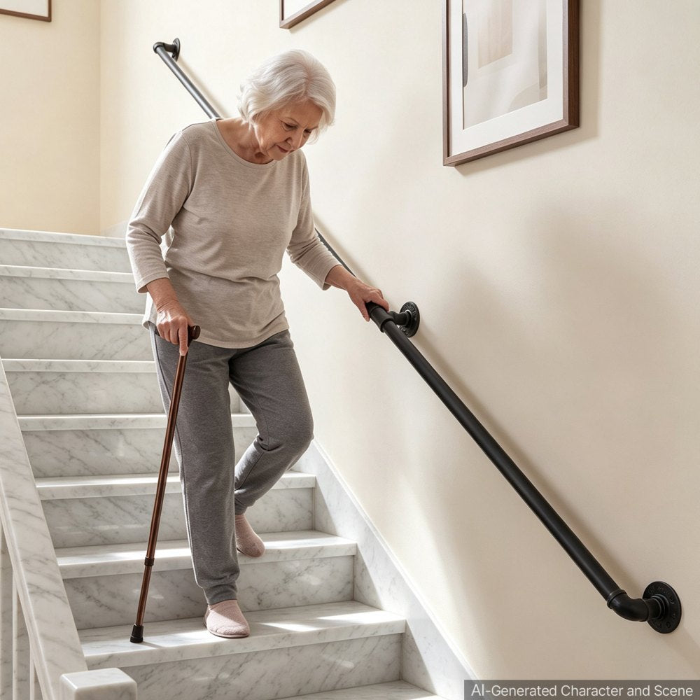 VEVOR Wall-Mounted Stair Handrail, 7 ft 440 lbs Load Black Metal Railing, for Indoor Steps, Loft, Porch & Hallways, Heavy-Duty Industrial Carbon Steel Hand Rail, Round Tube, with Mounting Hardware