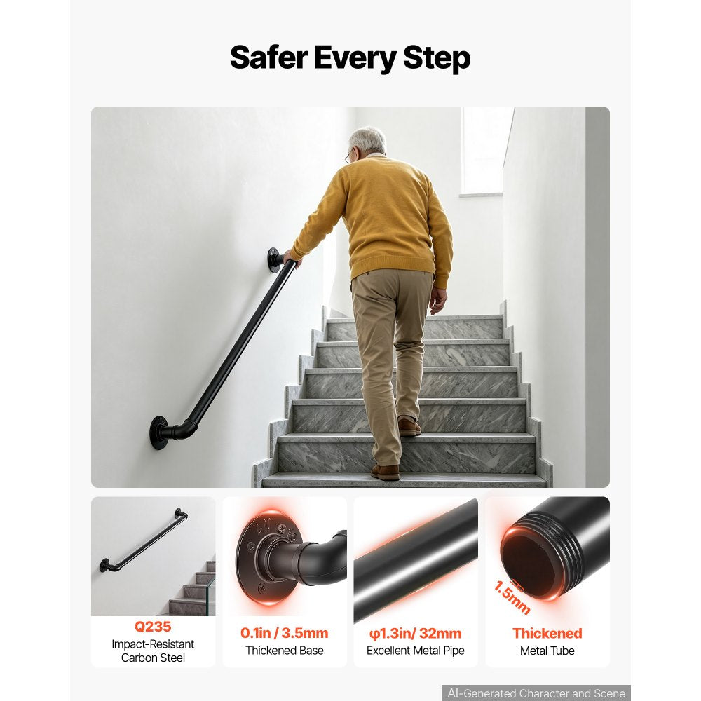 VEVOR Wall-Mounted Stair Handrail, 3 ft 440 lbs Load Black Metal Railing, for Indoor Steps, Loft, Porch & Hallways, Heavy-Duty Industrial Carbon Steel Hand Rail, Round Tube, with Mounting Hardware