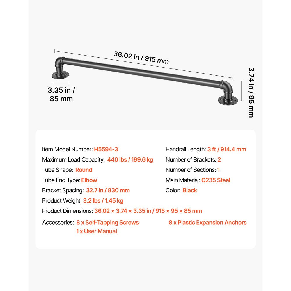 VEVOR Wall-Mounted Stair Handrail, 3 ft 440 lbs Load Black Metal Railing, for Indoor Steps, Loft, Porch & Hallways, Heavy-Duty Industrial Carbon Steel Hand Rail, Round Tube, with Mounting Hardware