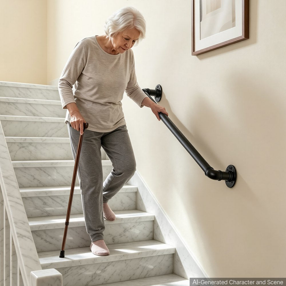 VEVOR Wall-Mounted Stair Handrail, 3 ft 440 lbs Load Black Metal Railing, for Indoor Steps, Loft, Porch & Hallways, Heavy-Duty Industrial Carbon Steel Hand Rail, Round Tube, with Mounting Hardware