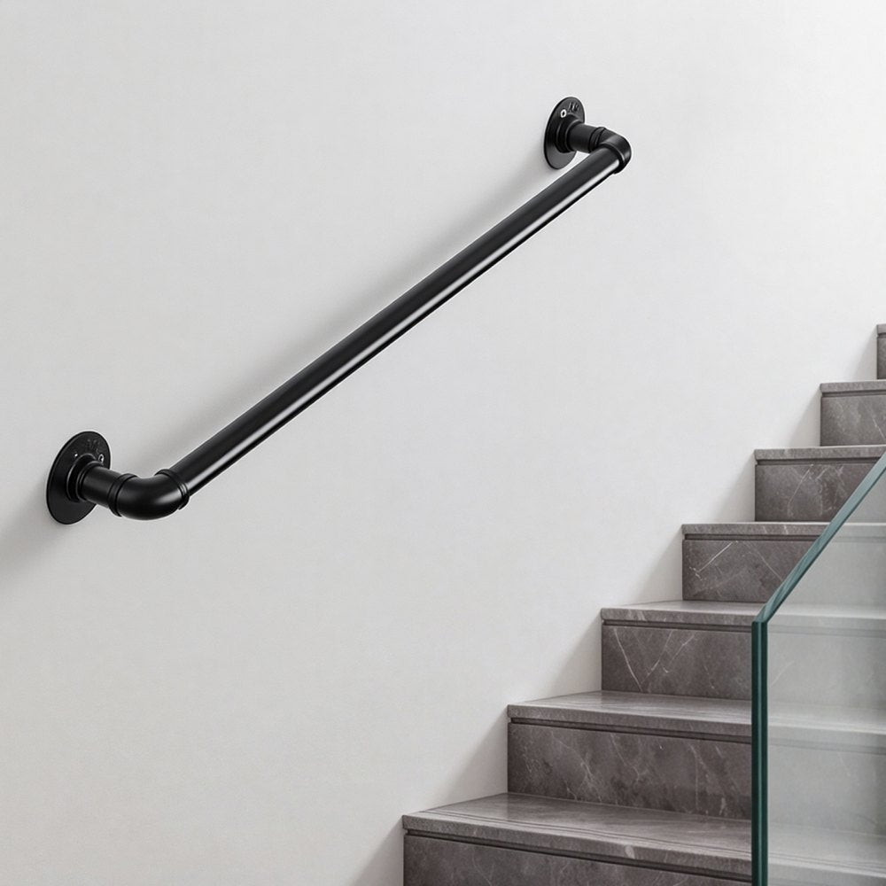 VEVOR Wall-Mounted Stair Handrail, 3 ft 440 lbs Load Black Metal Railing, for Indoor Steps, Loft, Porch & Hallways, Heavy-Duty Industrial Carbon Steel Hand Rail, Round Tube, with Mounting Hardware