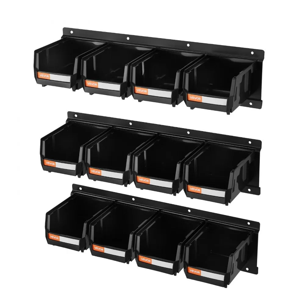 VEVOR Wall Mounted Storage Bins, 12 Plastic Bins & 3 Metal Rails, Plastic Hanging Stackable Storage Bin for Screws, Nuts, Bolts, Nails, Hardware Tool Organizer for Workshop, Craft Room, Garage, Black