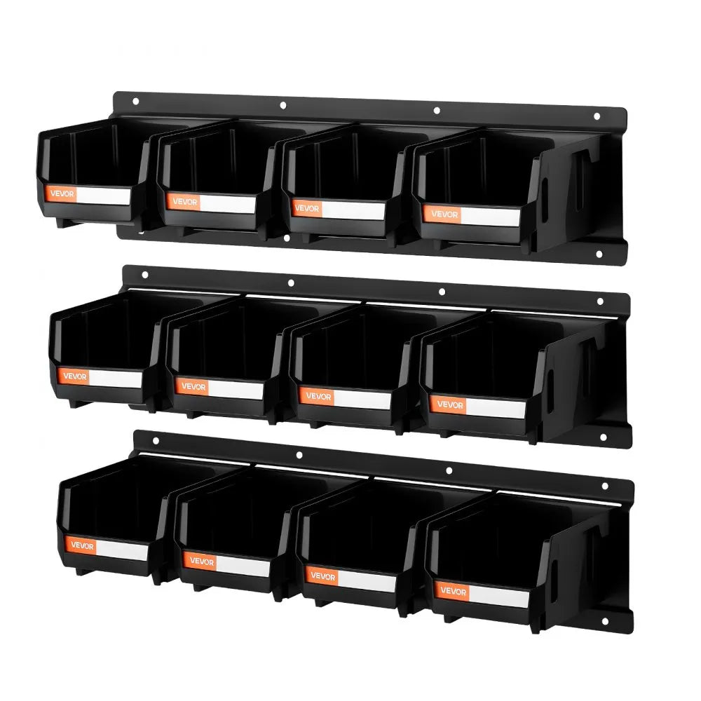 VEVOR Wall Mounted Storage Bins, 12 Plastic Bins & 3 Metal Rails, Plastic Hanging Stackable Storage Bin for Screws, Nuts, Bolts, Nails, Hardware Tool Organizer for Workshop, Craft Room, Garage, Black