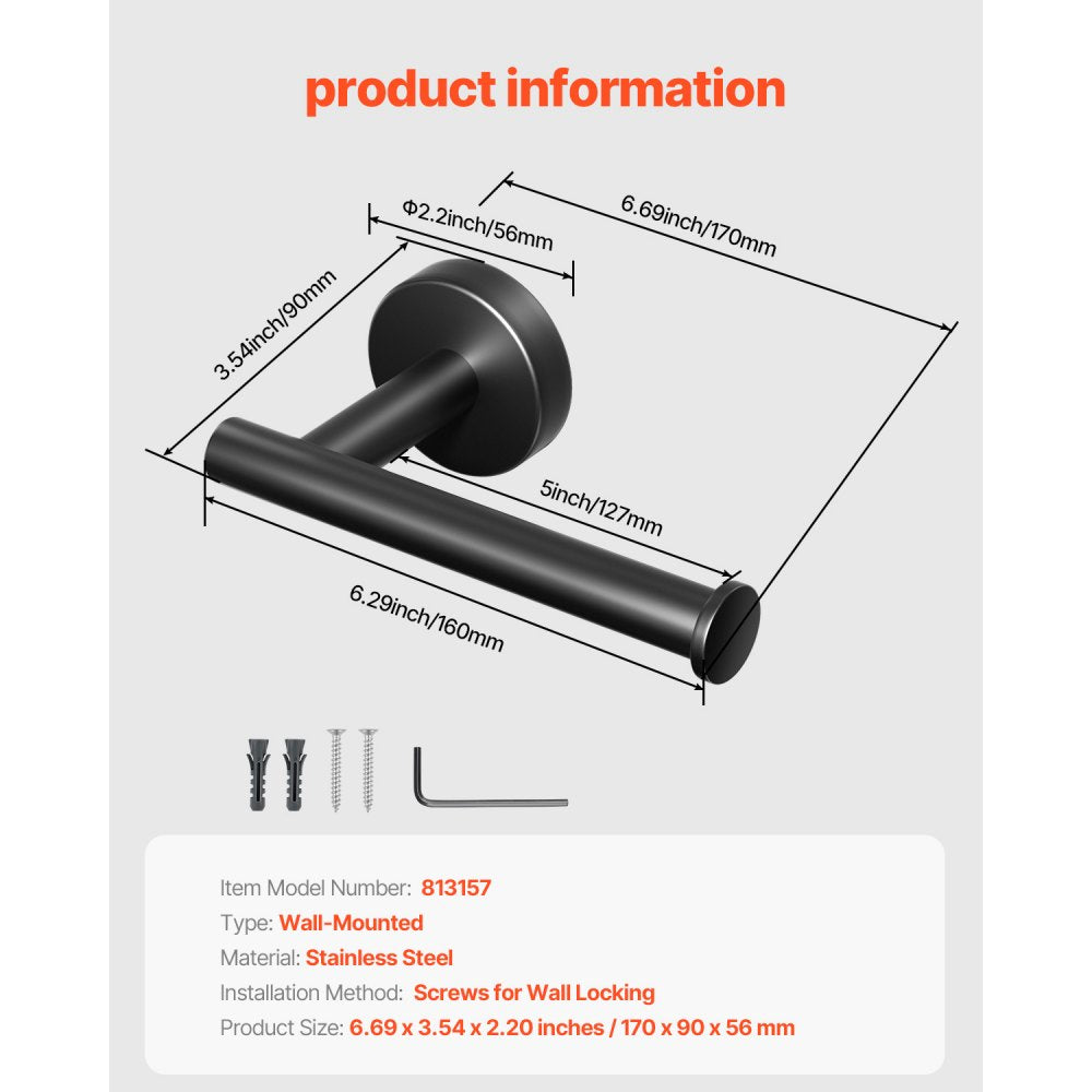 VEVOR Toilet Paper Holder, Fits Mega Rolls Size, Premium Stainless Steel Rustproof Material, Wall Mounted with Screws, Toilet Roll Tissue Holder for Bathroom, Washroom, Kitchen, Matte Black