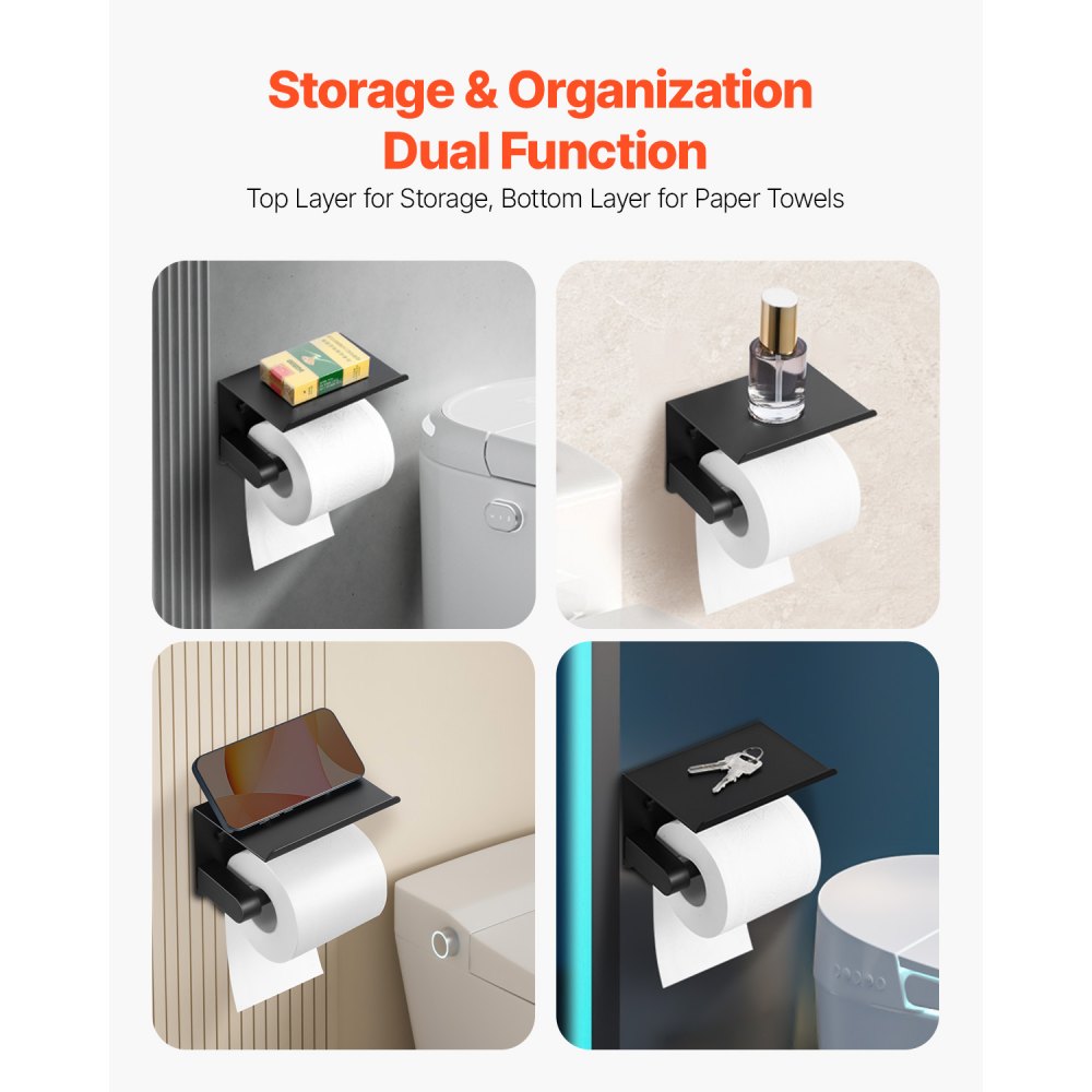 VEVOR Toilet Paper Holder with Shelf, Fits Mega Rolls Size, Stainless Steel Rustproof Material, Wall Mounted with Screws and Double-Sided Tape, Toilet Roll Tissue Holder for Bathroom, Matte Black