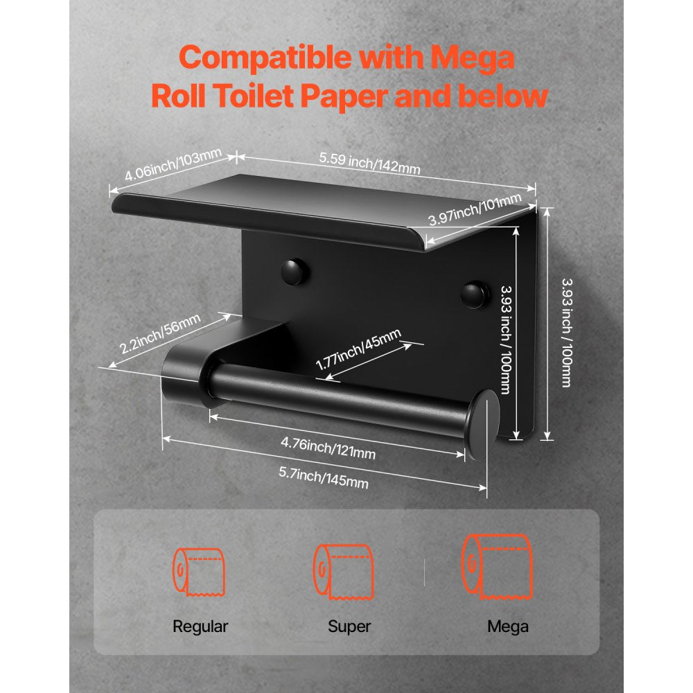 VEVOR Toilet Paper Holder with Shelf, Fits Mega Rolls Size, Stainless Steel Rustproof Material, Wall Mounted with Screws and Double-Sided Tape, Toilet Roll Tissue Holder for Bathroom, Matte Black