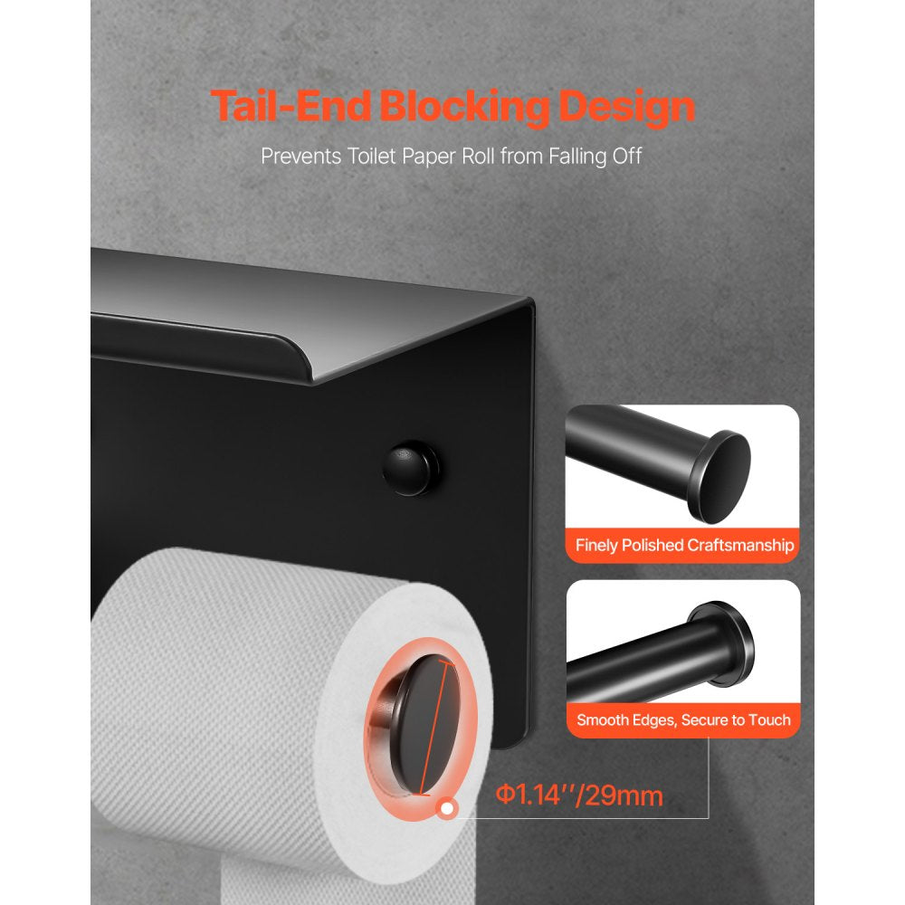 VEVOR Toilet Paper Holder with Shelf, Fits Mega Rolls Size, Stainless Steel Rustproof Material, Wall Mounted with Screws and Double-Sided Tape, Toilet Roll Tissue Holder for Bathroom, Matte Black