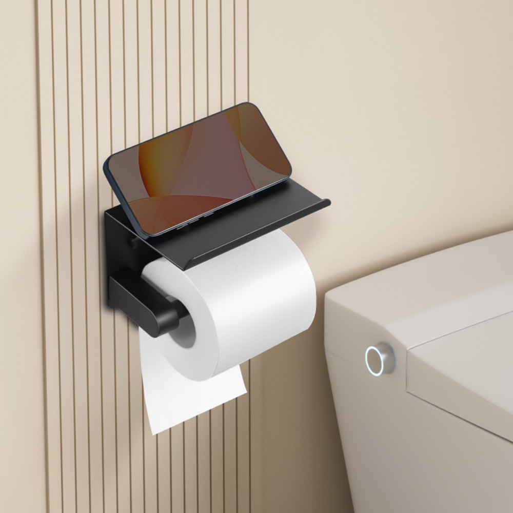 VEVOR Toilet Paper Holder with Shelf, Fits Mega Rolls Size, Stainless Steel Rustproof Material, Wall Mounted with Screws and Double-Sided Tape, Toilet Roll Tissue Holder for Bathroom, Matte Black