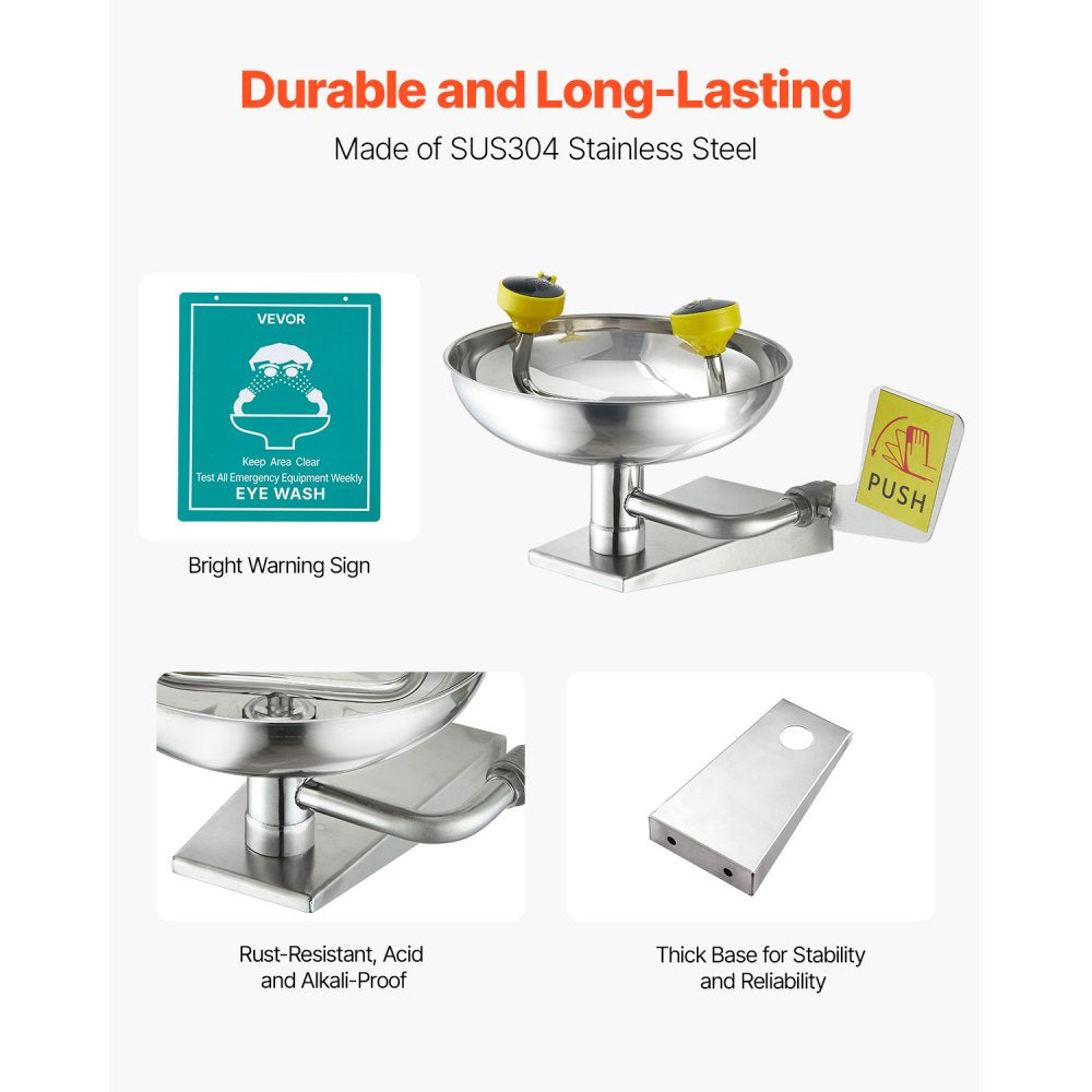 VEVOR Emergency Eye Wash Station, Stainless Steel Wall-Mounted Eyewash Unit, First Aid Eye Wash Sink 16.14 x 12.99 x 9.45 Inches, Ideal for Laboratories, Factories, Schools, Construction Sites