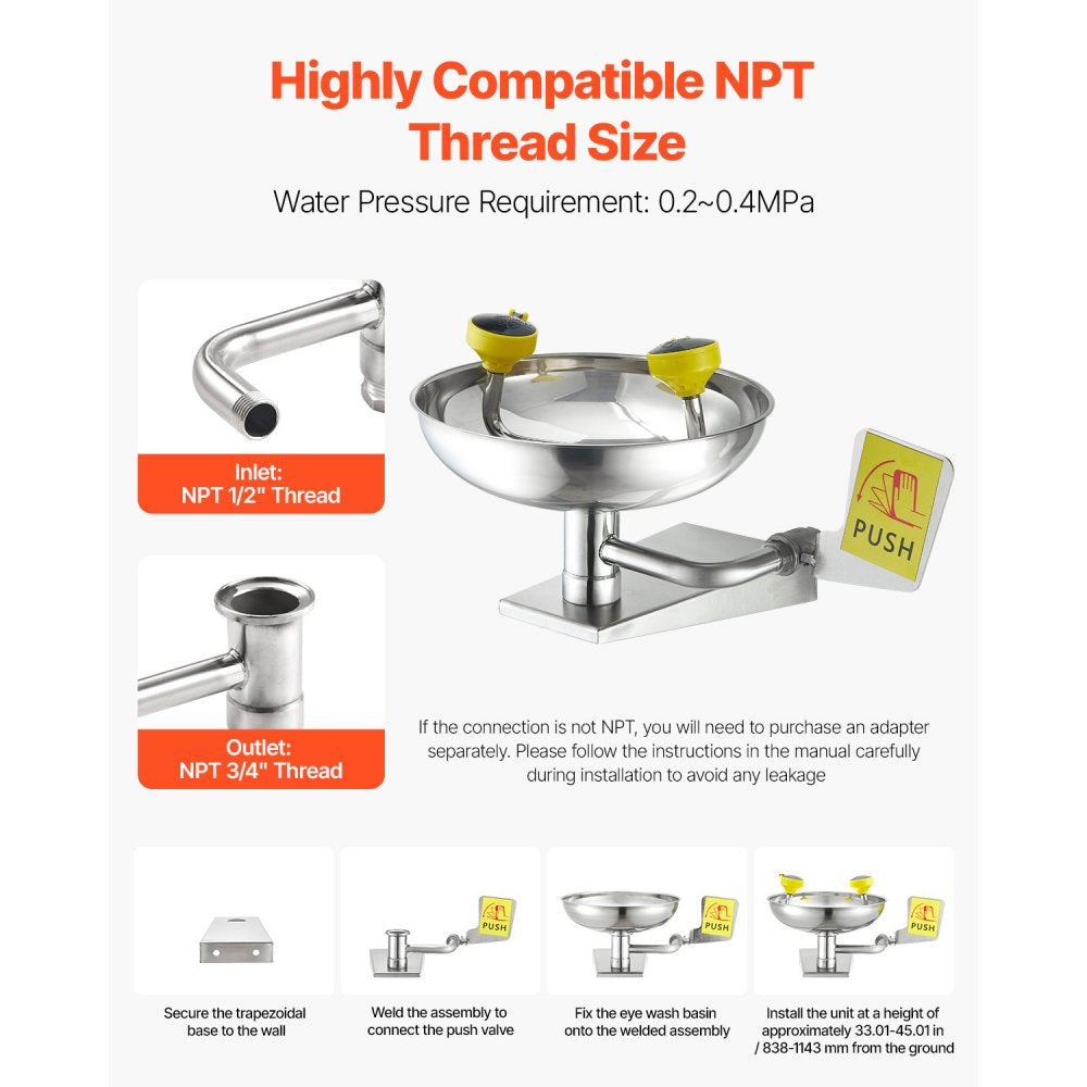 VEVOR Emergency Eye Wash Station, Stainless Steel Wall-Mounted Eyewash Unit, First Aid Eye Wash Sink 16.14 x 12.99 x 9.45 Inches, Ideal for Laboratories, Factories, Schools, Construction Sites