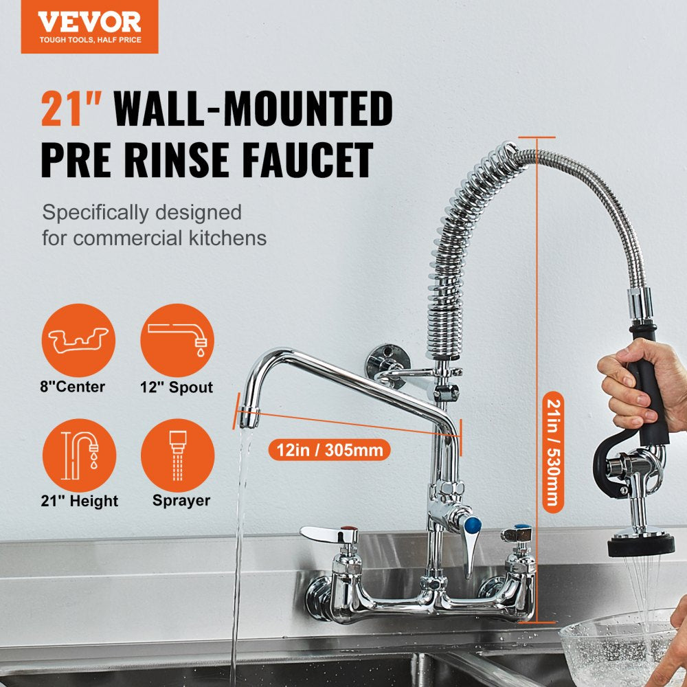VEVOR Wall-Mounted Brass Kitchen Faucet, 21" Tall, 8" Installation Width, Includes 12" Rotating Spout and Pull-Down Sprayer, Suitable for Single, Double, or Triple Sinks