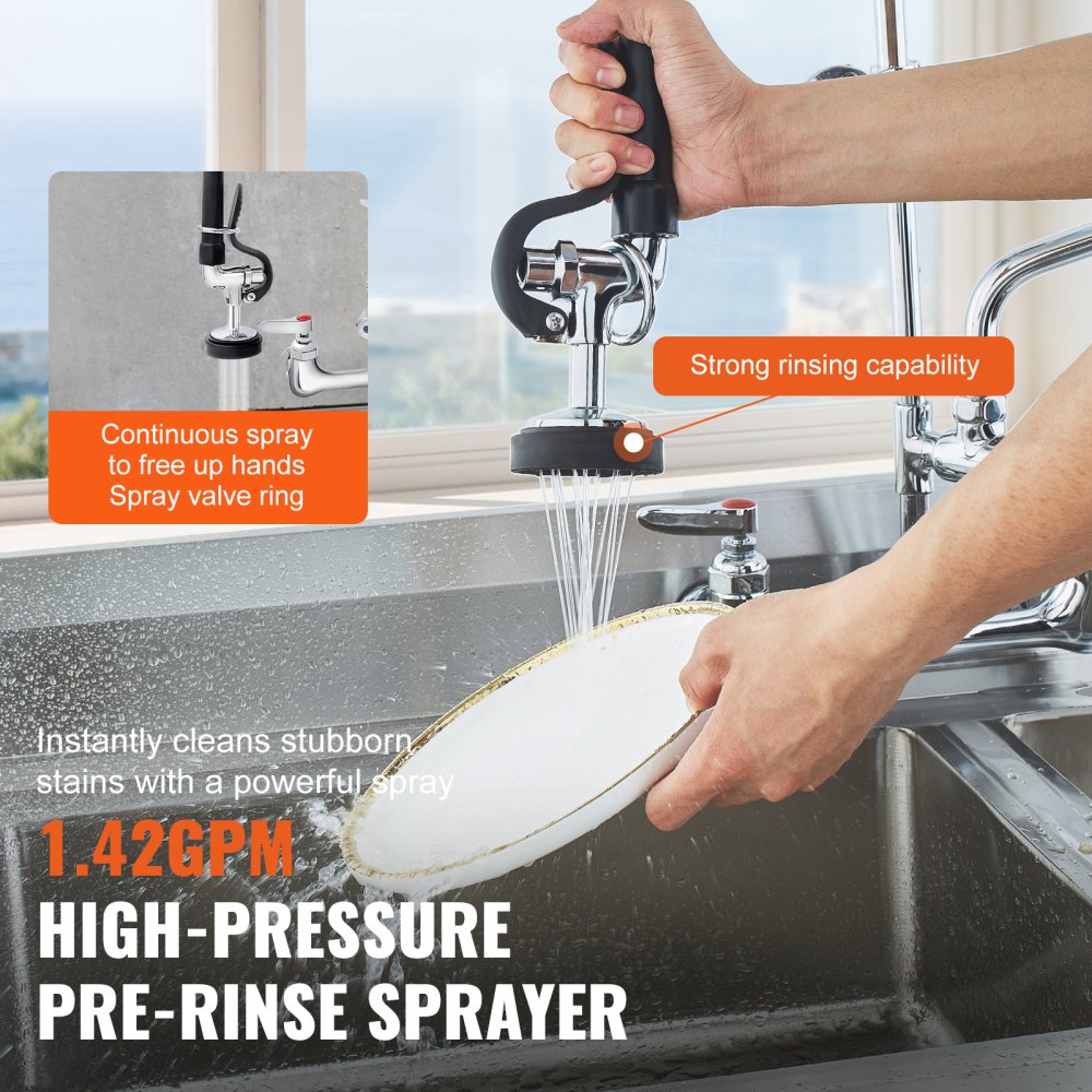 VEVOR Wall-Mounted Brass Kitchen Faucet, 21" Tall, 8" Installation Width, Includes 12" Rotating Spout and Pull-Down Sprayer, Suitable for Single, Double, or Triple Sinks