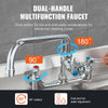 VEVOR Wall-Mounted Brass Kitchen Faucet, 21" Tall, 8" Installation Width, Includes 12" Rotating Spout and Pull-Down Sprayer, Suitable for Single, Double, or Triple Sinks
