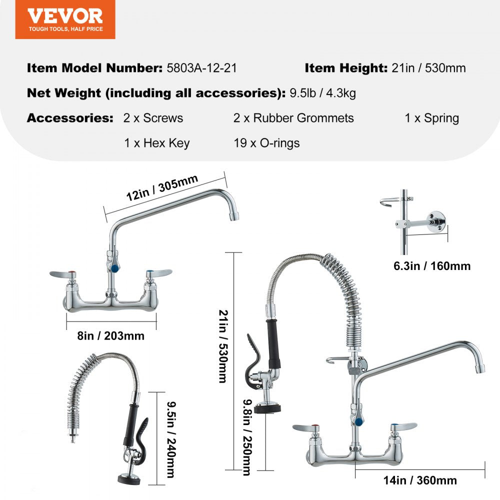 VEVOR Wall-Mounted Brass Kitchen Faucet, 21" Tall, 8" Installation Width, Includes 12" Rotating Spout and Pull-Down Sprayer, Suitable for Single, Double, or Triple Sinks