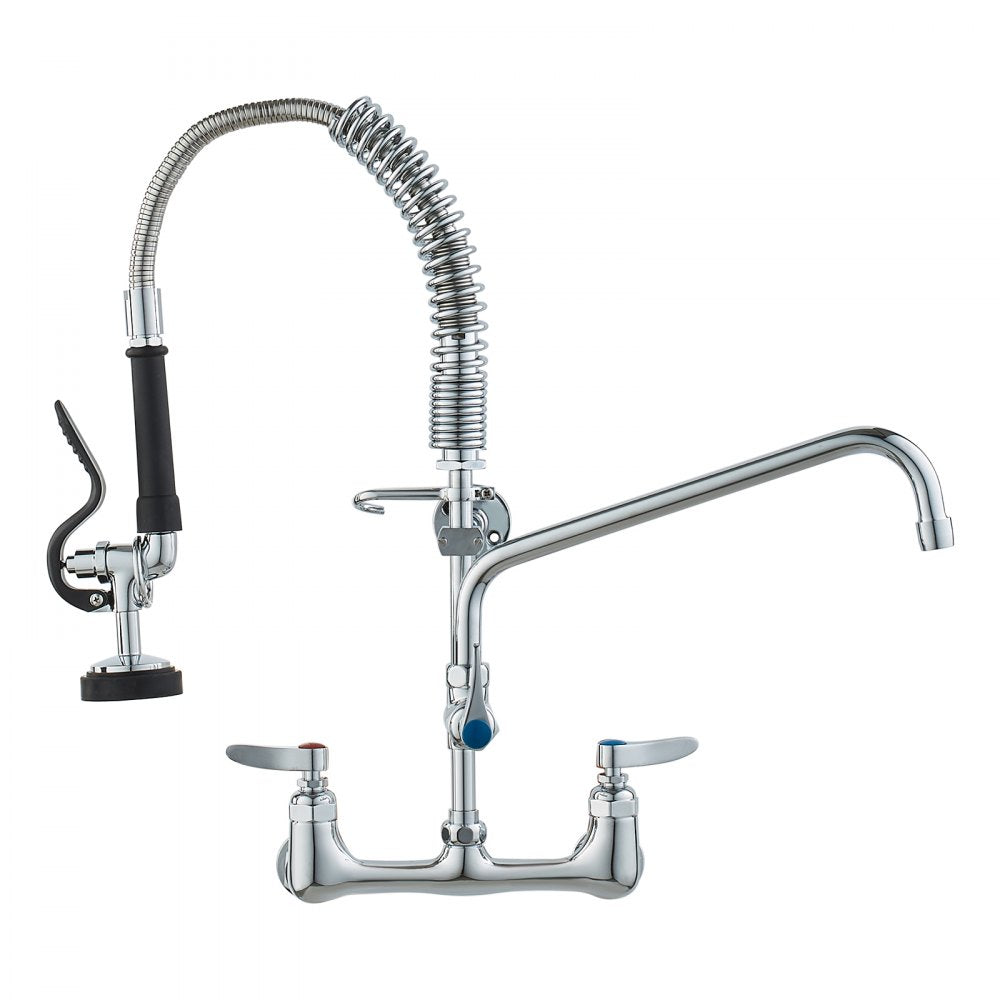 VEVOR Wall-Mounted Brass Kitchen Faucet, 21" Tall, 8" Installation Width, Includes 12" Rotating Spout and Pull-Down Sprayer, Suitable for Single, Double, or Triple Sinks