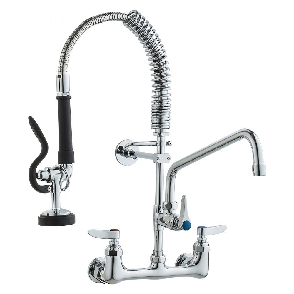 VEVOR Wall-Mounted Brass Kitchen Faucet, 21" Tall, 8" Installation Width, Includes 12" Rotating Spout and Pull-Down Sprayer, Suitable for Single, Double, or Triple Sinks