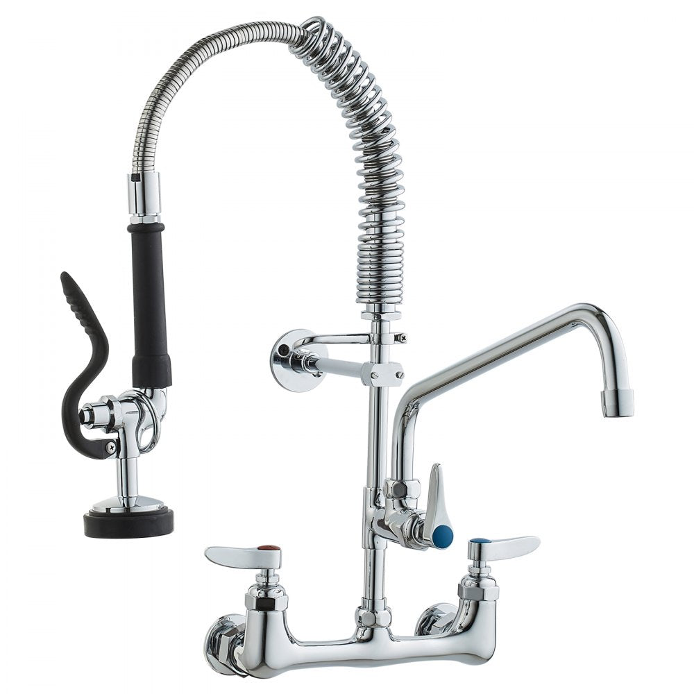 VEVOR Wall-Mounted Brass Kitchen Faucet, 21" Tall, 8" Installation Width, Includes 12" Rotating Spout and Pull-Down Sprayer, Suitable for Single, Double, or Triple Sinks