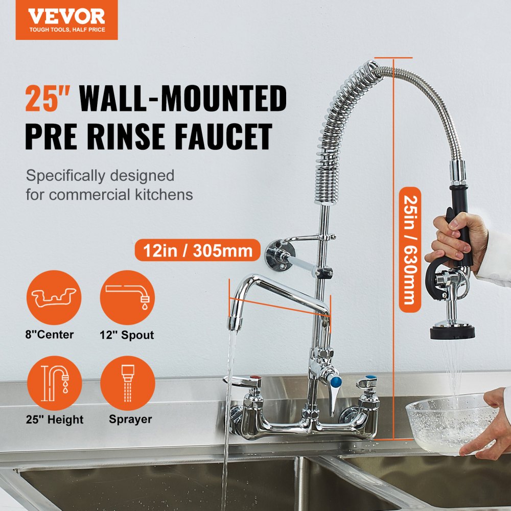 VEVOR Wall-Mounted Kitchen Faucet, 25" Tall, 8" Center Distance, 12" Rotatable Spout, Includes Pre-Rinse Spray, Brass Build, Pull-Down Feature, Suitable for Multi-Compartment Sinks