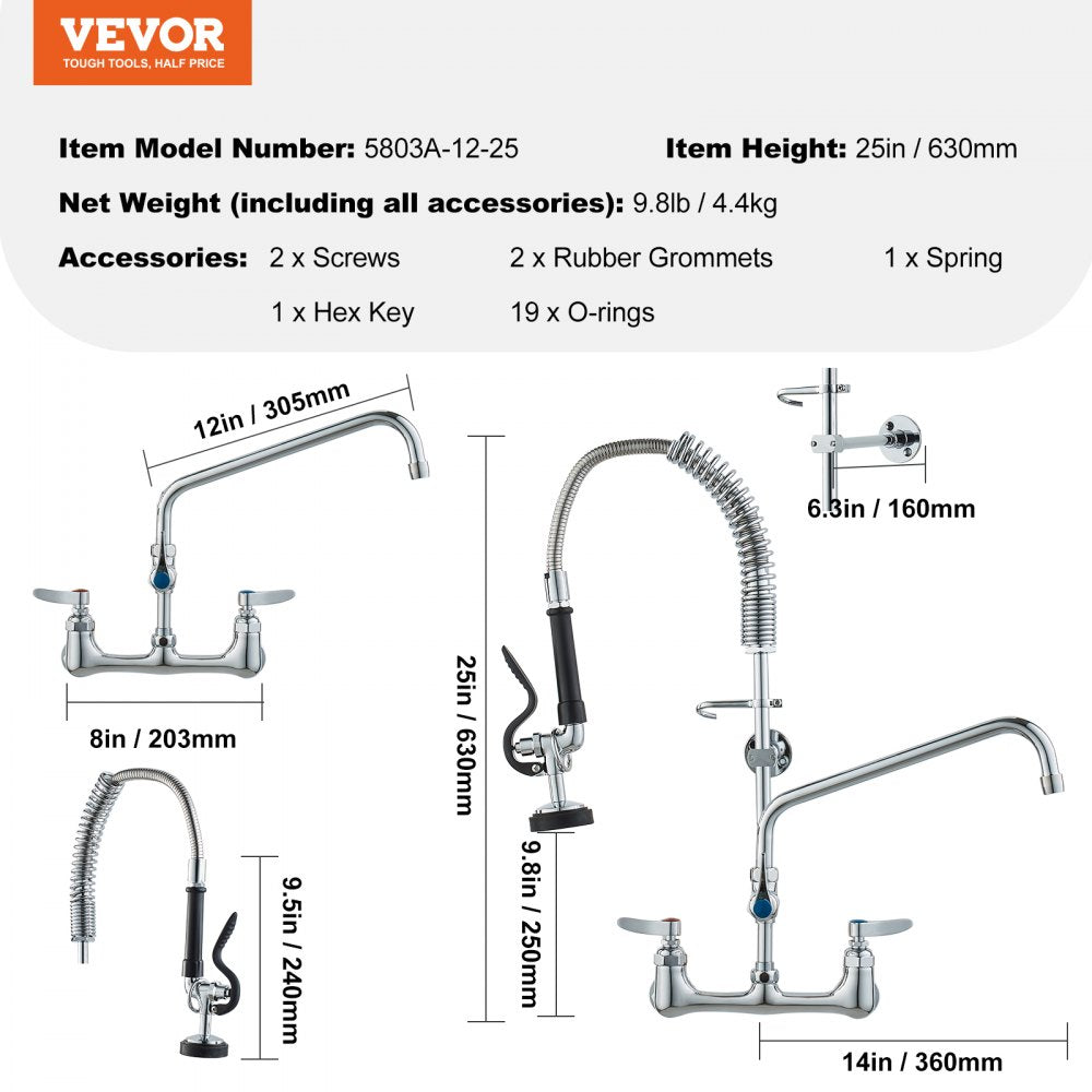 VEVOR Wall-Mounted Kitchen Faucet, 25" Tall, 8" Center Distance, 12" Rotatable Spout, Includes Pre-Rinse Spray, Brass Build, Pull-Down Feature, Suitable for Multi-Compartment Sinks