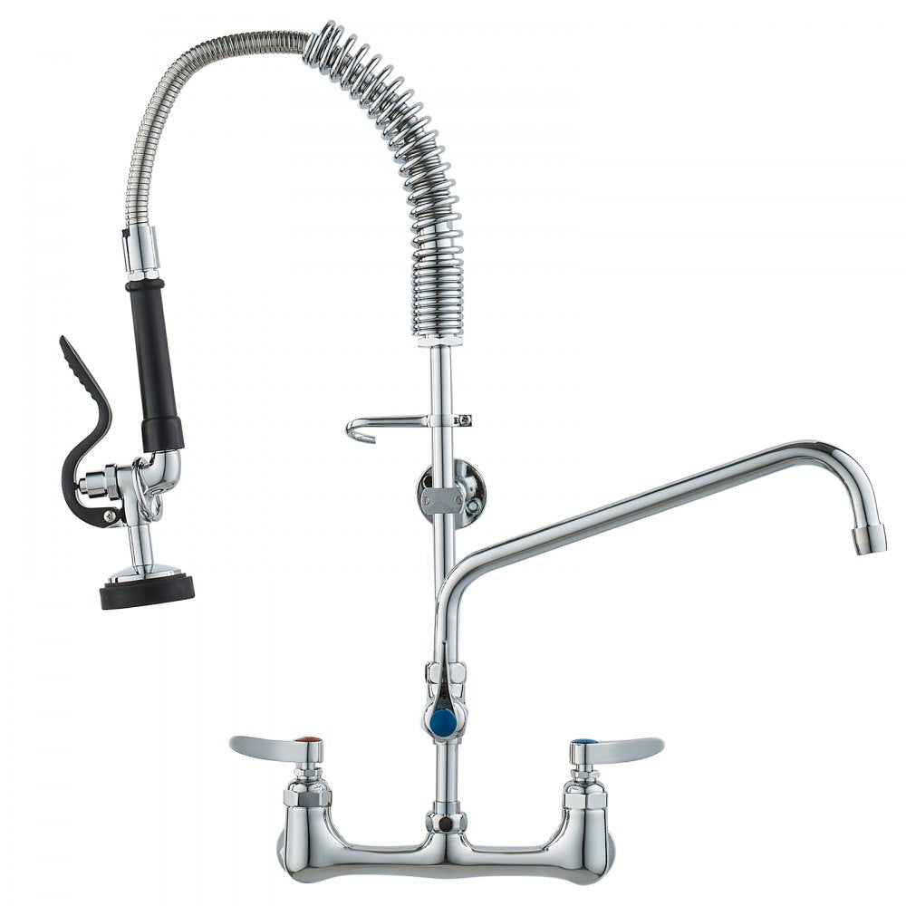 VEVOR Wall-Mounted Kitchen Faucet, 25" Tall, 8" Center Distance, 12" Rotatable Spout, Includes Pre-Rinse Spray, Brass Build, Pull-Down Feature, Suitable for Multi-Compartment Sinks
