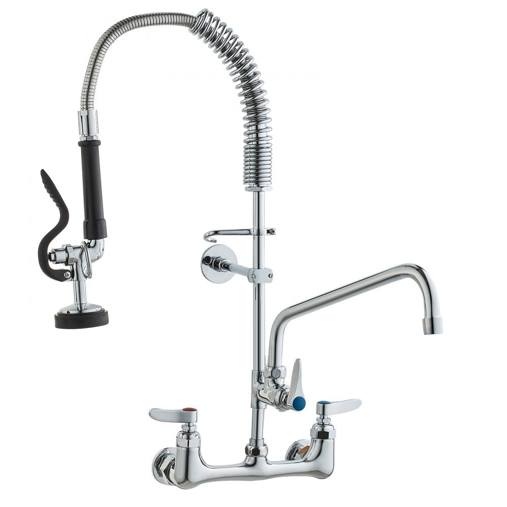 VEVOR Wall-Mounted Kitchen Faucet, 25" Tall, 8" Center Distance, 12" Rotatable Spout, Includes Pre-Rinse Spray, Brass Build, Pull-Down Feature, Suitable for Multi-Compartment Sinks
