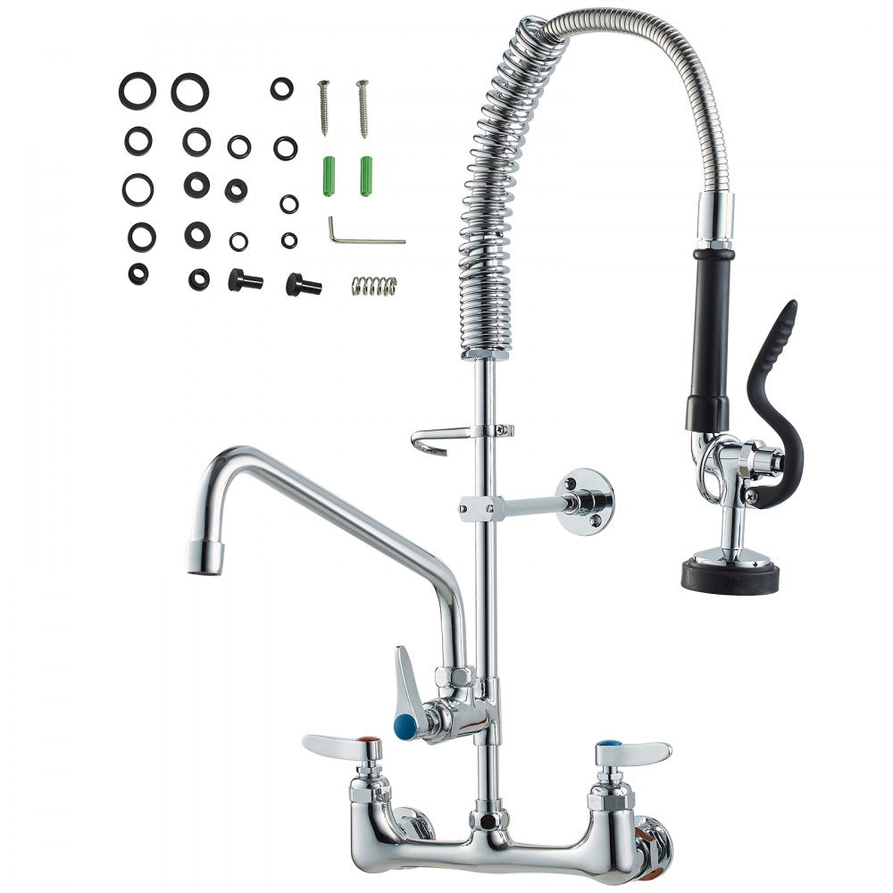 VEVOR Wall-Mounted Kitchen Faucet, 25" Tall, 8" Center Distance, 12" Rotatable Spout, Includes Pre-Rinse Spray, Brass Build, Pull-Down Feature, Suitable for Multi-Compartment Sinks