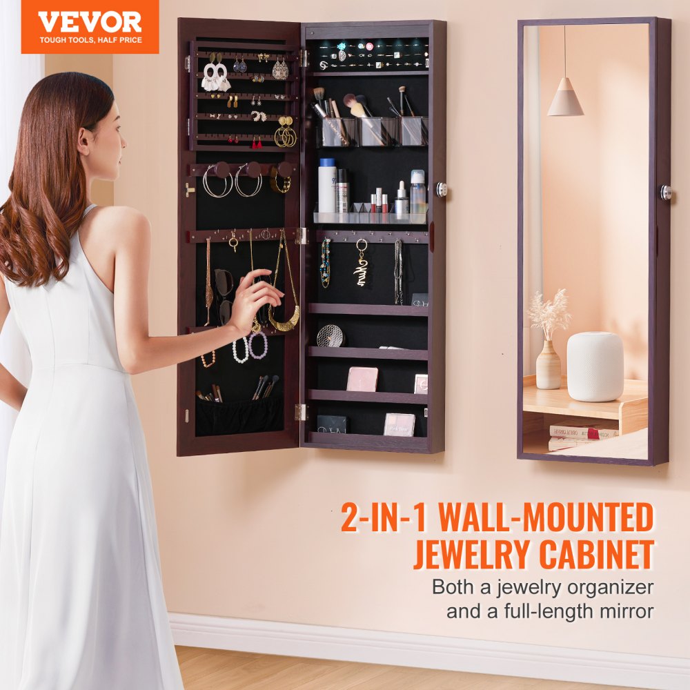 VEVOR Mirror Jewelry Cabinet, 42.52-Inch Tall Lockable Jewelry Cabinet Armoire with Full-Length Mirror, Wall or Door Mounted Jewelry Mirror Organizer with LED Interior Lights and Velvet Lining, Brown
